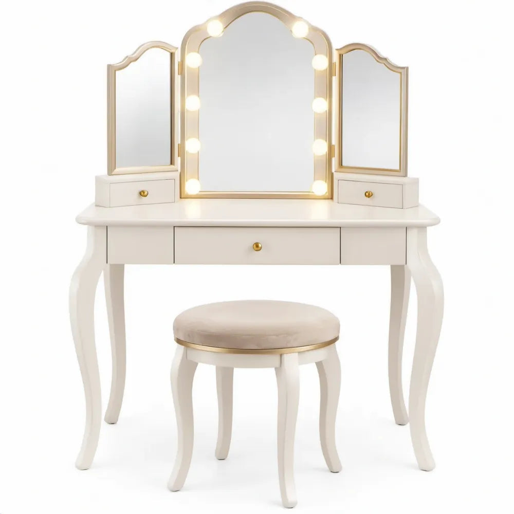 Witte kaptafelset met kruk, 3-delige spiegel en 9 LED-lampen, 100 x 45 x 145 cm, wit/goud