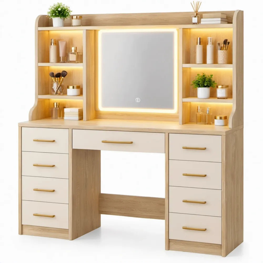 Kaptafel met LED-spiegel, 9 laden en opbergrekken, 120 x 50 x 180 cm, wit/eikenkleurig/goudkleurig