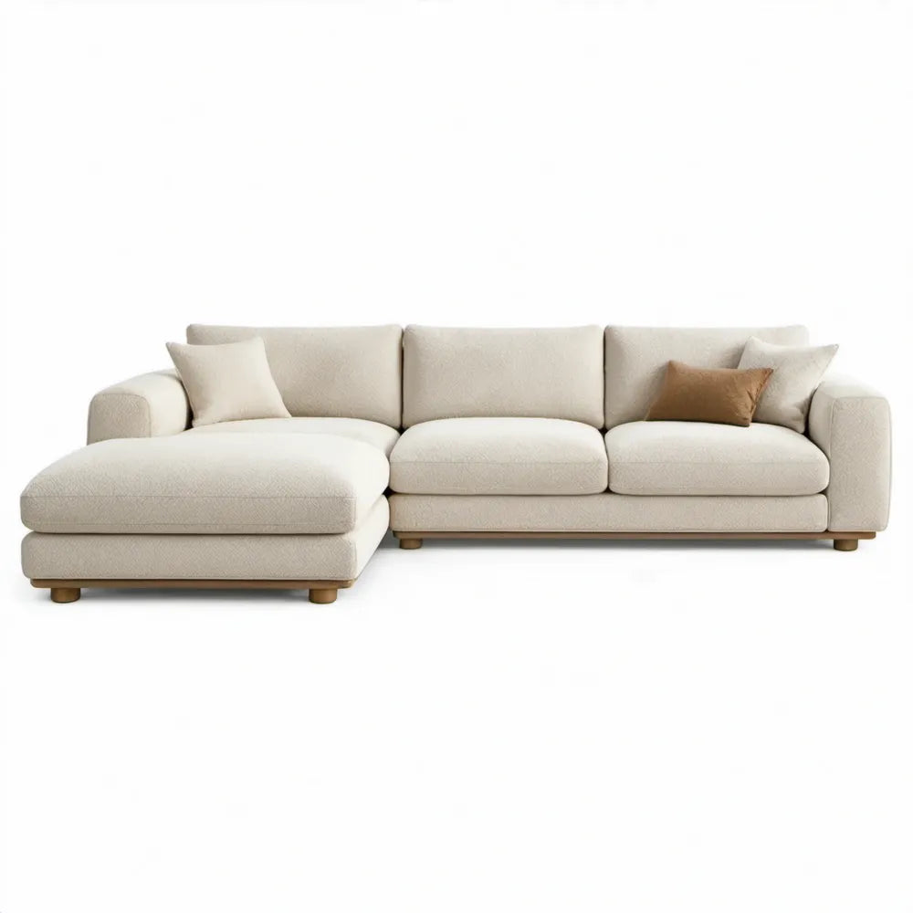 Crèmekleurige hoekbank met linker chaise longue, bouclé polyester, 280 x 165 x 85 cm