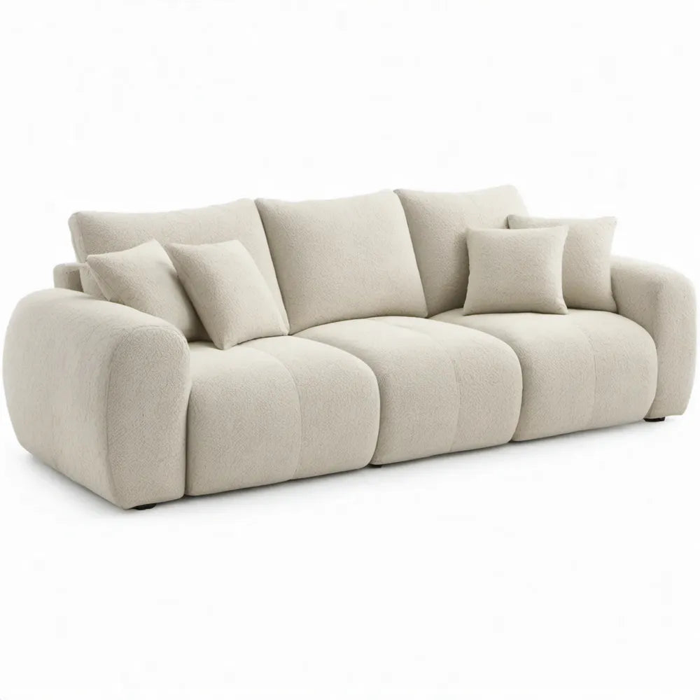 Crèmekleurige 3-zitsbank van polyester bouclé, 240 x 100 x 78 cm