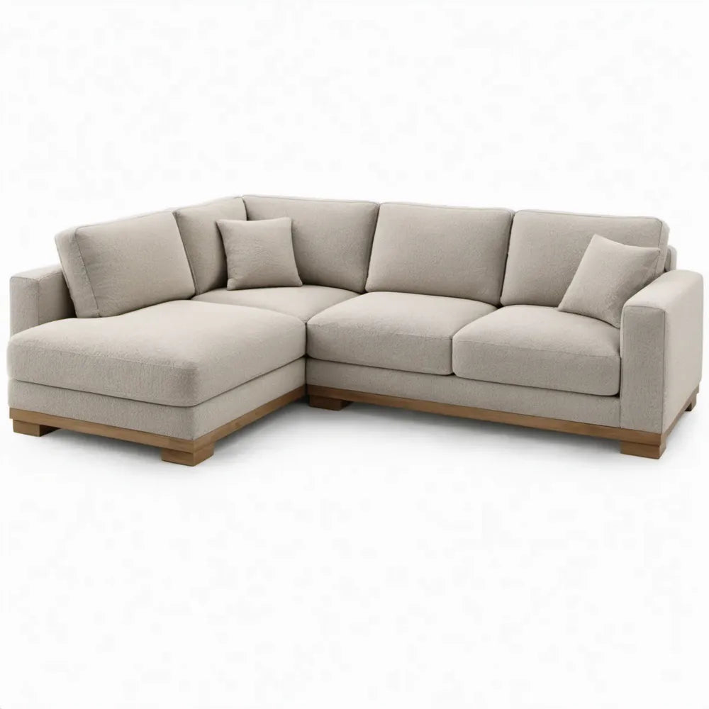 Beige L-vormige hoekbank met chaise longue links, 260 x 165 x 85 cm