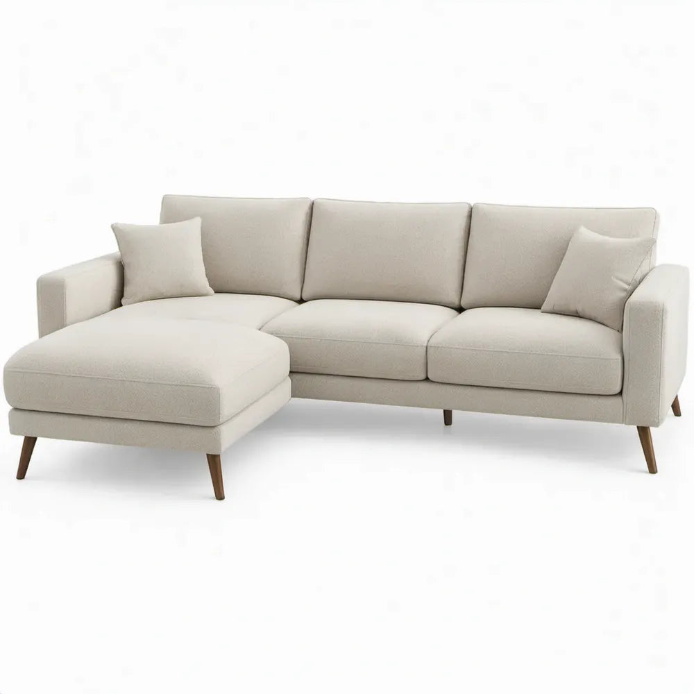 Ivoorkleurige 3-zitsbank met hocker, polyester bekleding en rubberhouten poten, 230 x 90 x 85 cm