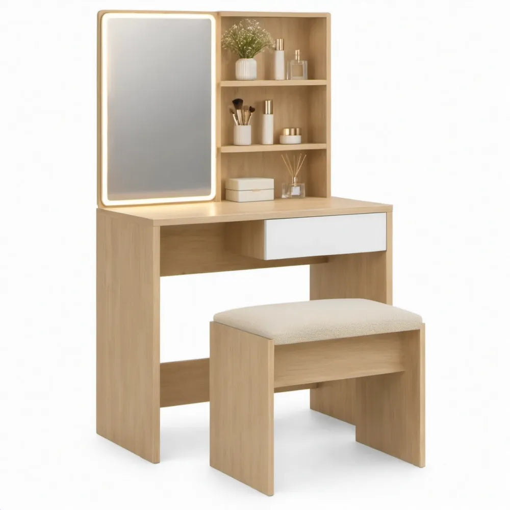 Kaptafelset met LED-spiegel, opbergrek en gevoerde kruk – 80 x 40 x 140 cm – Licht eiken/Wit/Crème