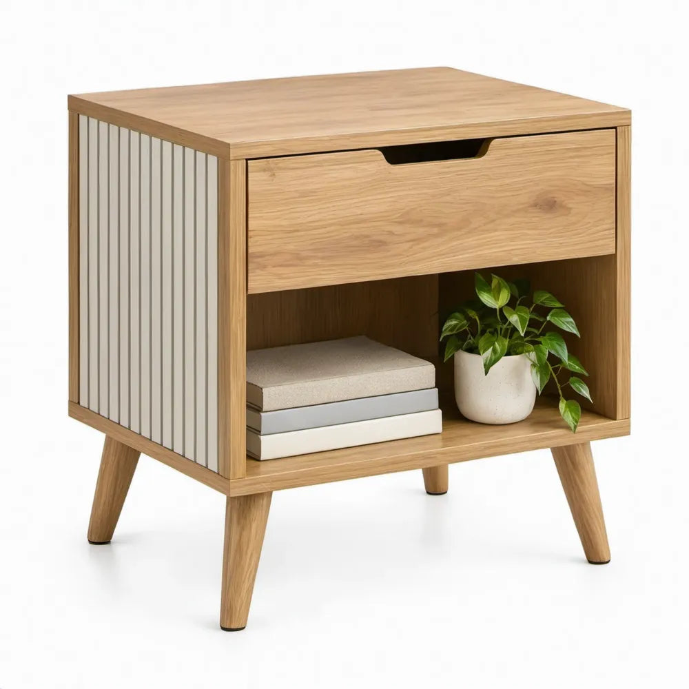 Nachtkastje met lade en open vak 45 x 40 x 60 cm – Naturel eiken/Wit