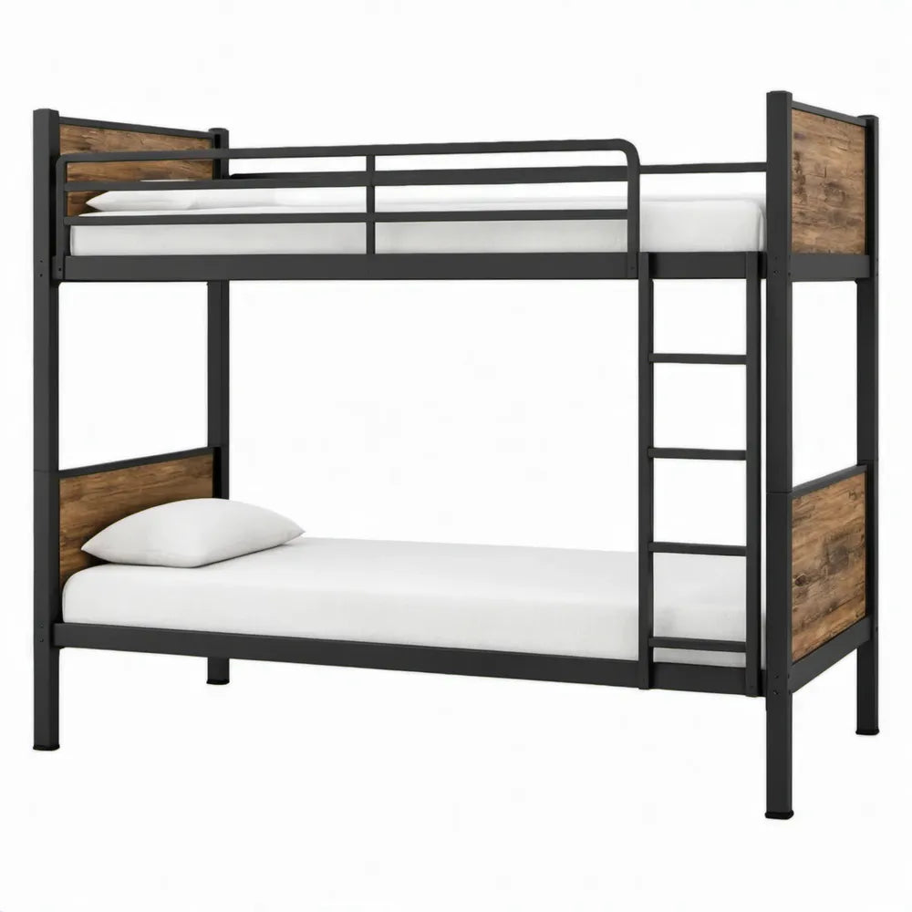 Stapelbed 90 x 200 cm van staal en MDF – Zwart/Bruin
