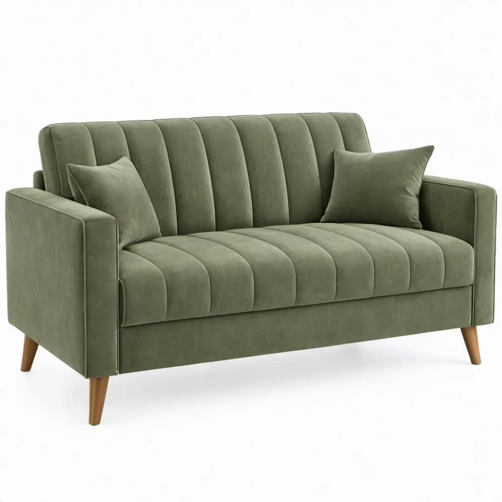 2-zitsbank 160 x 85 x 85 cm olijfgroen met fluweelachtige polyesterbekleding en bruine houten poten
