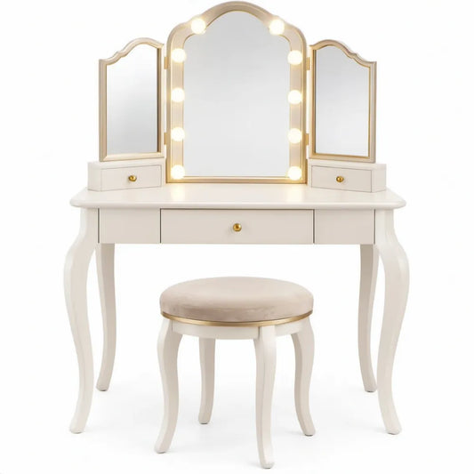 Witte kaptafelset met kruk, 3-delige spiegel en 9 LED-lampen, 100 x 45 x 145 cm, wit/goud