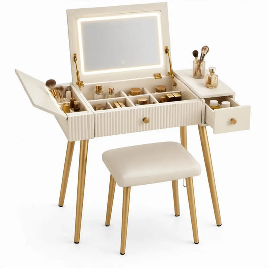 Kaptafelset met LED-spiegel en kruk, 90 x 40 x 75 cm, wit/goud