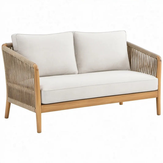 2-zitsbank van acaciahout en polyester touw in naturel en crème, 130 x 70 x 78 cm