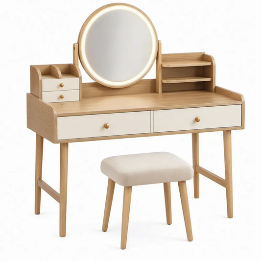 Kaptafel met ronde draaibare spiegel en kruk, 100 x 45 x 140 cm, naturel eiken/wit/beige/goudkleurig