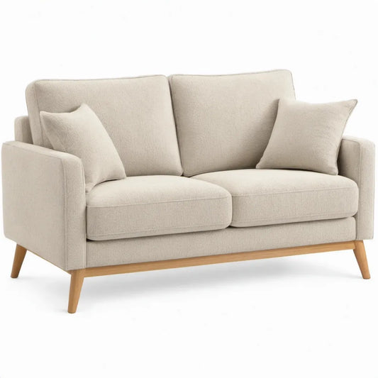 Beige tweezitsbank van polyester met houten poten, 160 x 85 x 85 cm
