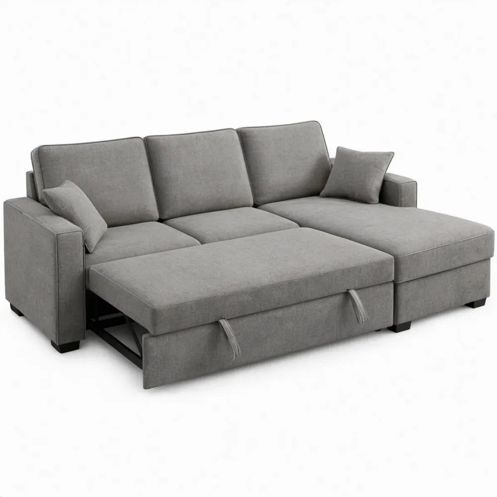 Grijze L-vormige slaapbank met rechter chaise longue, 240 x 145 cm
