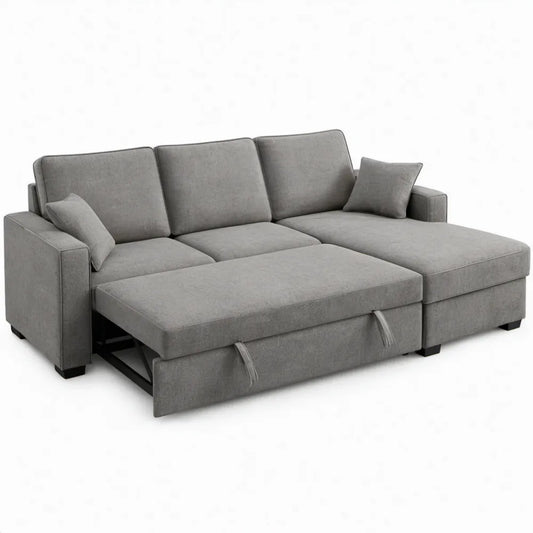 Grijze L-vormige slaapbank met rechter chaise longue, 240 x 145 cm