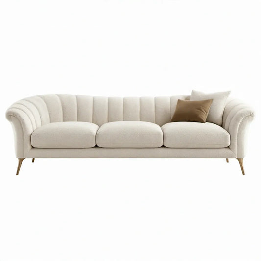Gebogen 3-zitsbank 220 x 90 x 78 cm in crèmekleurige bouclé met goudbruine stalen poten