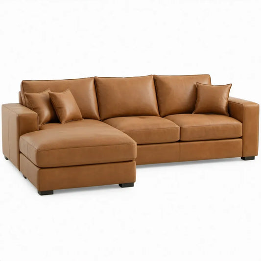 L-vormige hoekbank met chaise longue links 280 x 160 x 85 cm van cognacbruin PU-kunstleer