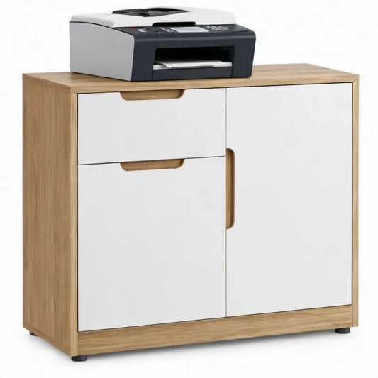 Printerkast met 2 deuren en 1 lade, 80 x 40 x 75 cm, wit/eikenkleurig