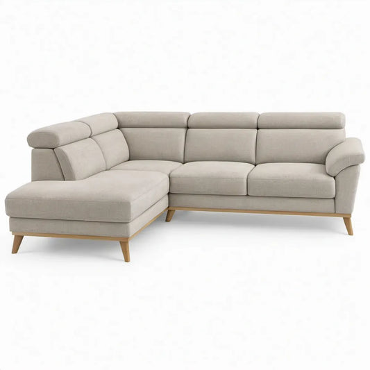 Beige hoekbank met linker chaise longue, verstelbare hoofdsteunen en houten poten, 270 x 165 x 88 cm