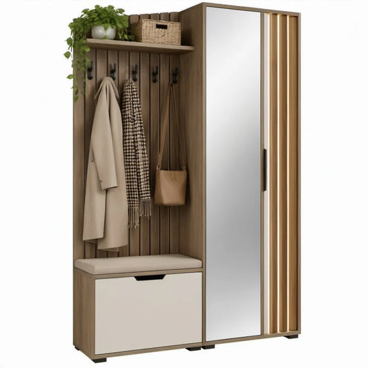 Halmeubel met spiegel, zitkussen en opbergvak 120 x 40 x 190 cm – Walnootbruin/Wit