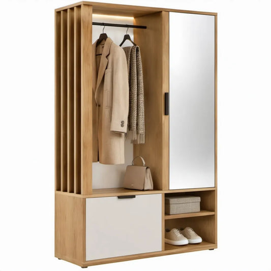 Eikenkleurige halmeubelset met spiegel, kledingroede en opbergruimte, 100 x 40 x 180 cm