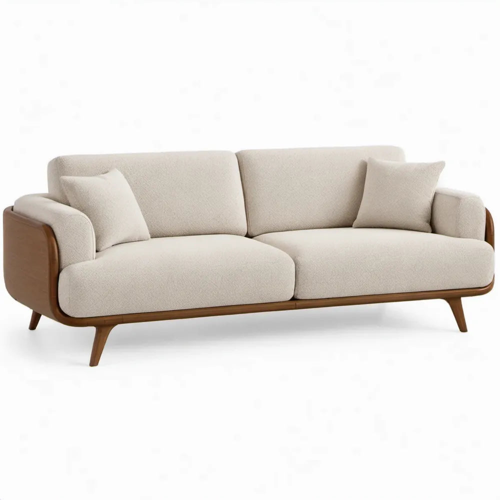 3-zitsbank 220 x 90 x 85 cm in gebroken wit en walnootbruin, bouclé