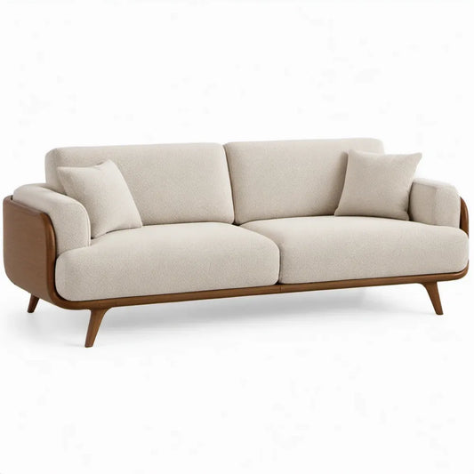 3-zitsbank 220 x 90 x 85 cm in gebroken wit en walnootbruin, bouclé