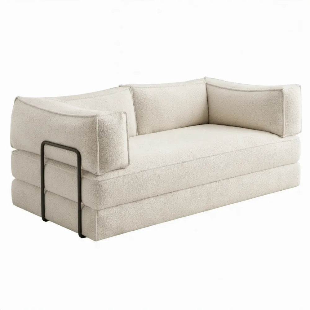 2-zitsbank 160 x 90 x 75 cm crème met bouclé polyester bekleding en zwarte stalen zijbeugel