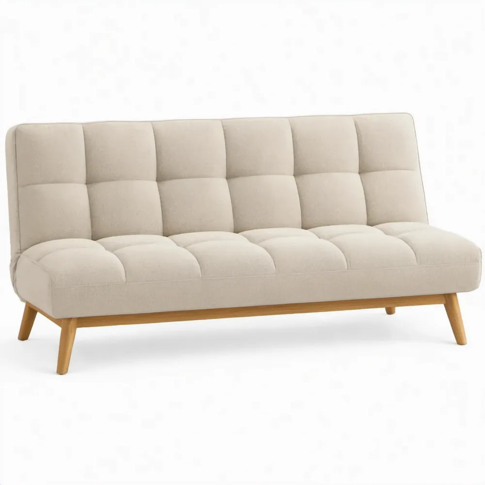 Crèmekleurige 3-zitsbank van polyester en massief rubberhout, 180 x 82 x 83 cm