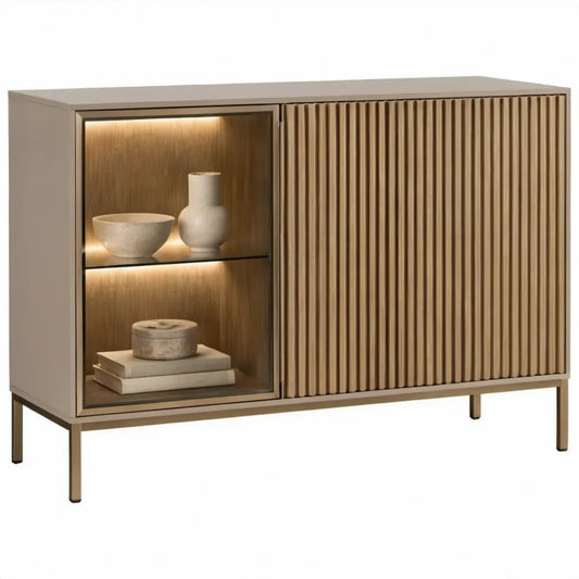 Beige dressoirkast met glazen vitrinekast, geribbelde schuifdeur en LED-verlichting, 120 x 40 x 85 cm