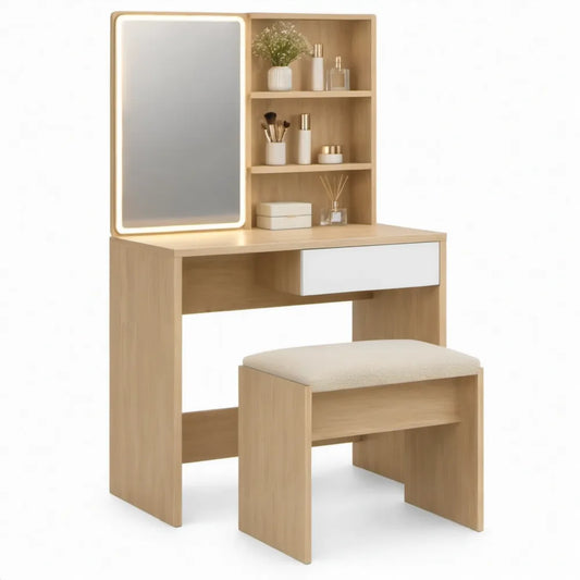 Kaptafelset met LED-spiegel, opbergrek en gevoerde kruk – 80 x 40 x 140 cm – Licht eiken/Wit/Crème