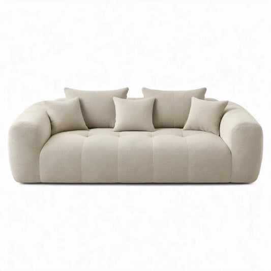 Gebogen 3-zitsbank van bouclé polyester, crème, 230 x 100 x 78 cm