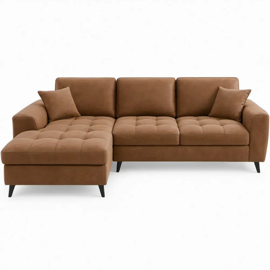 Bruine L-vormige zitcombinatie met chaise longue links, PU-kunstleer, 280 x 160 x 85 cm