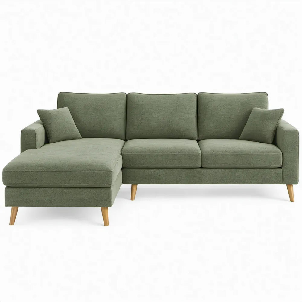 Olijfgroene 3-zits hoekbank met chaise longue links, 220 x 150 x 85 cm