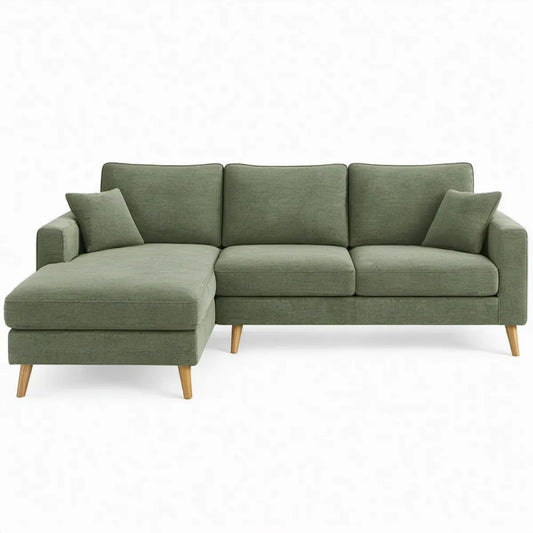 Olijfgroene 3-zits hoekbank met chaise longue links, 220 x 150 x 85 cm