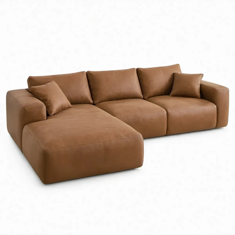 Cognacbruine hoekbank met linker chaise longue, 3-zits, PU-kunstleer, 290 x 170 x 75 cm