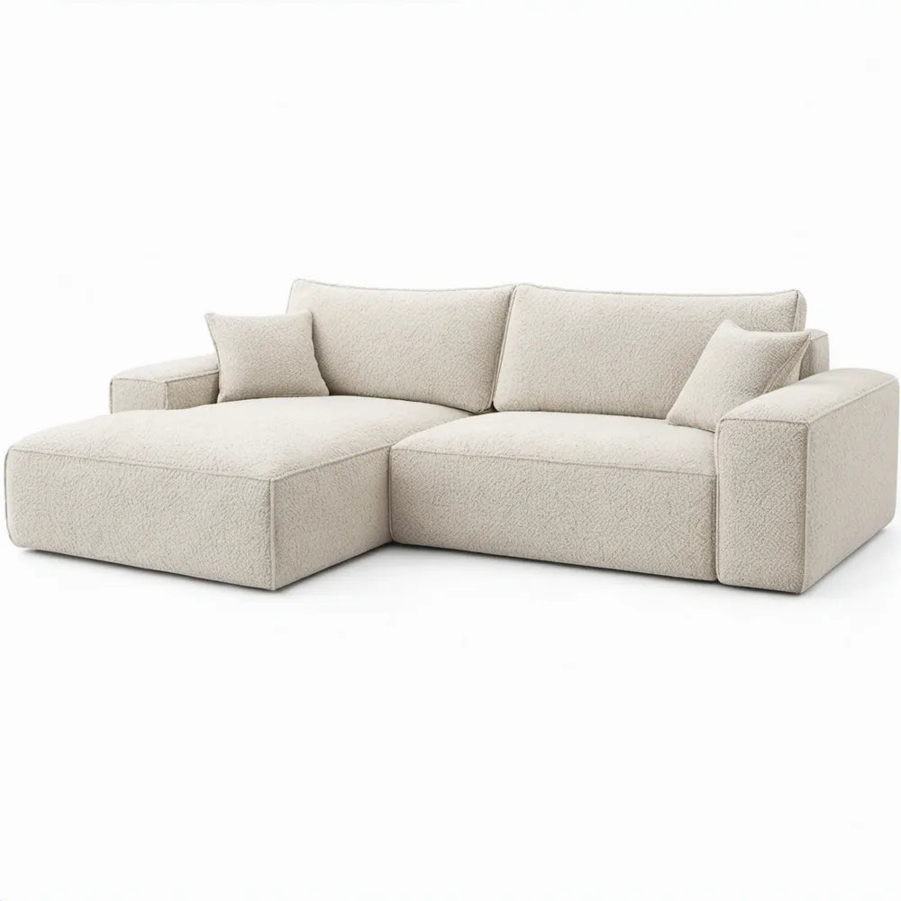 Crèmekleurige hoekbank met chaise longue links, bouclé polyester, 250 x 160 x 85 cm
