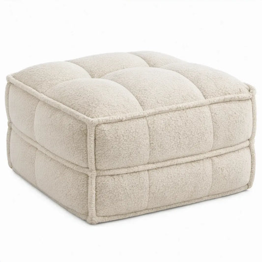 Vierkante poef voetenbank 60 x 60 x 35 cm crème bouclé polyester