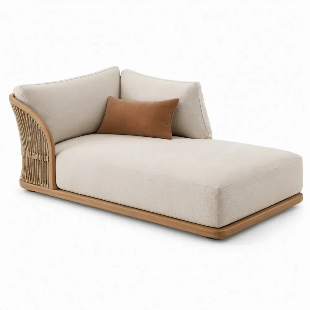 Chaise longue 170 x 100 x 75 cm crème met naturel eucalyptushouten onderstel en bruin sierkussen