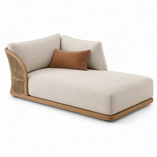 Chaise longue 170 x 100 x 75 cm crème met naturel eucalyptushouten onderstel en bruin sierkussen