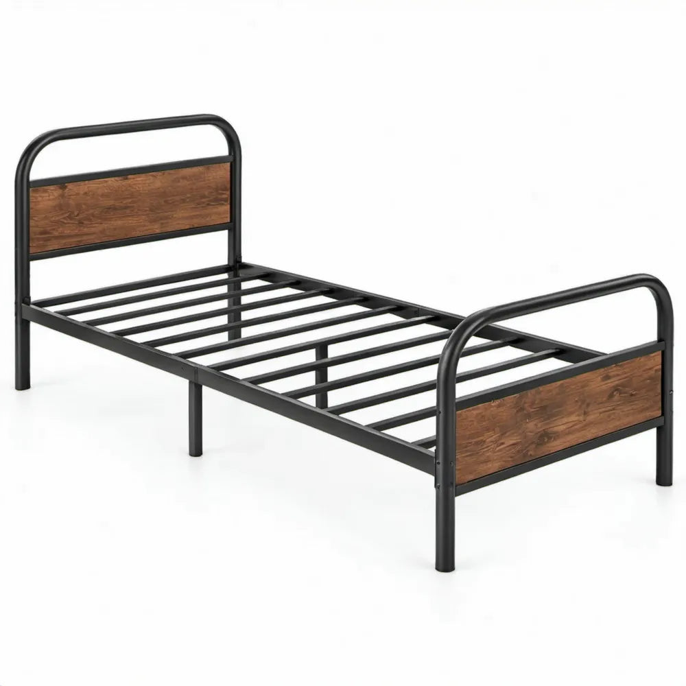 Bedframe voor eenpersoonsmatras 90 x 200 cm van zwart staal met bruine MDF-panelen