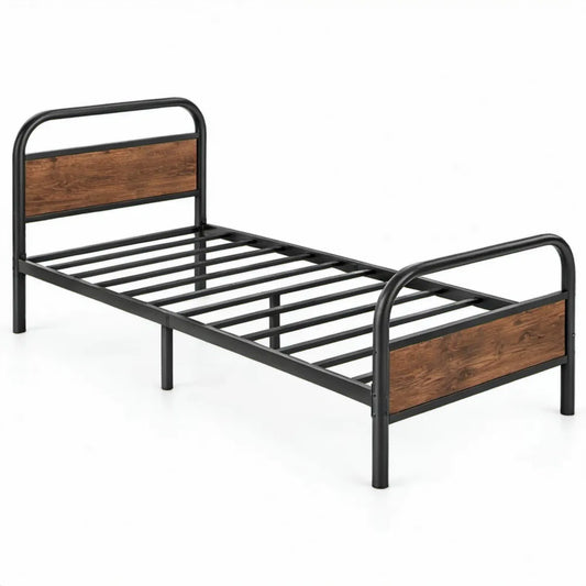 Bedframe voor eenpersoonsmatras 90 x 200 cm van zwart staal met bruine MDF-panelen